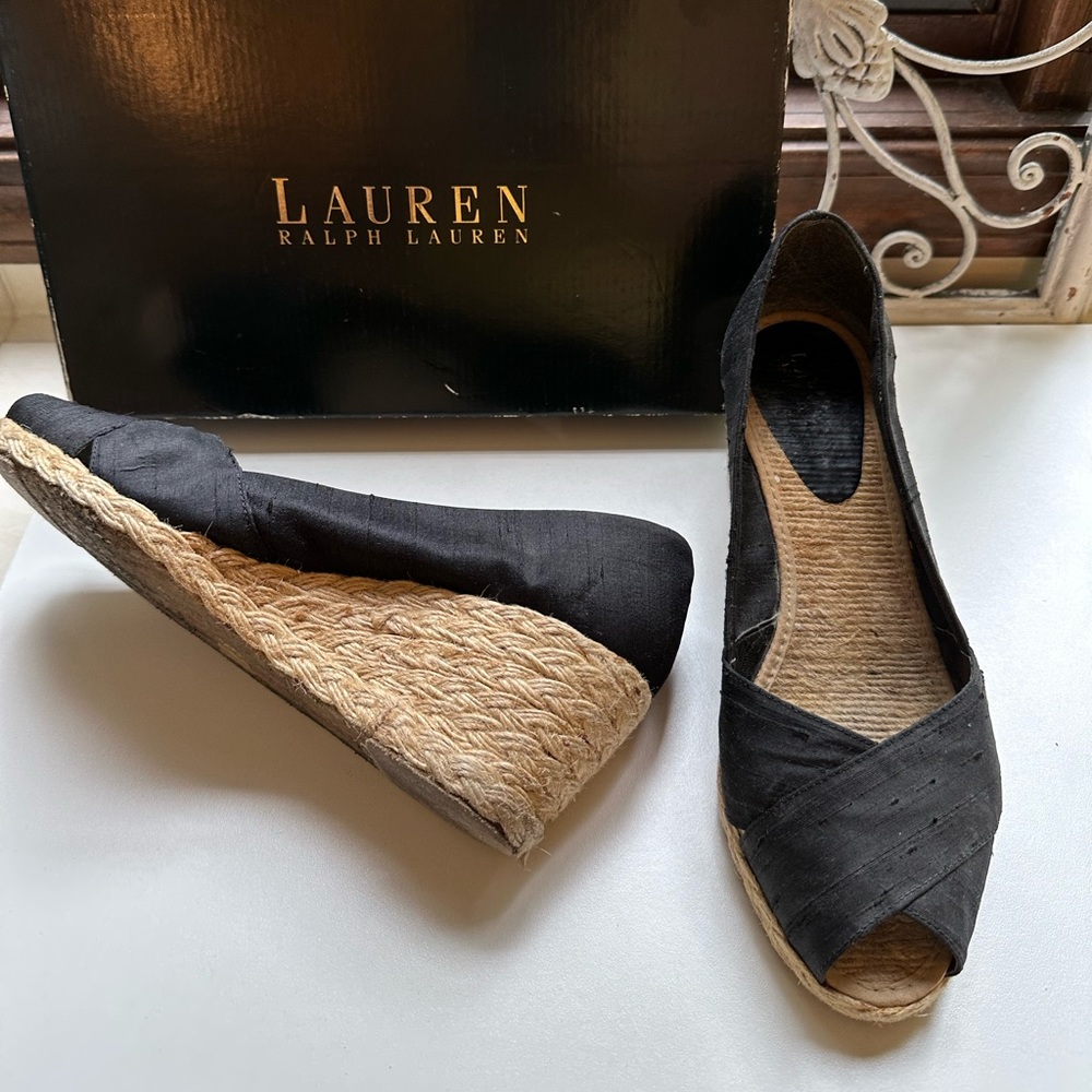 Lauren Ralph Lauren Cecilia Black Shantung Espadrille Wedge Shoes 8.5B
